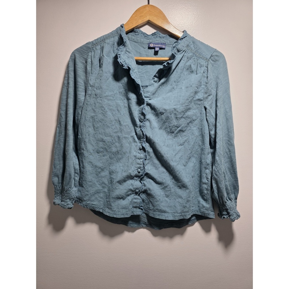Democracy Women's Blouse Top Embroidered Button Up Teal-Blue Size XS